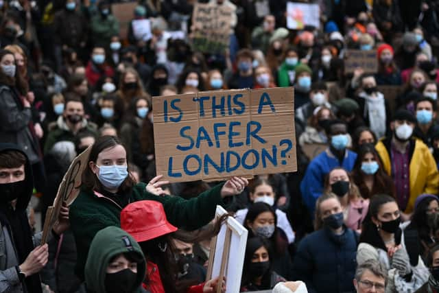 Protesters calling for greater public safety for women after the death of Sarah Everard. Photo: Getty