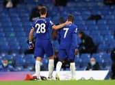 N'Golo Kante of Chelsea is consoled by team mate Cesar Azpilicueta as he is substituted following an injury . (Photo by Catherine Ivill/Getty Images)