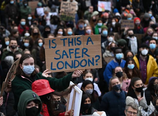 Protesters calling for greater public safety for women after the death of Sarah Everard. Photo: Getty