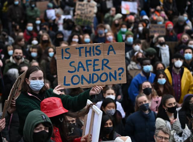 Protesters calling for greater public safety for women after the death of Sarah Everard. Photo: Getty