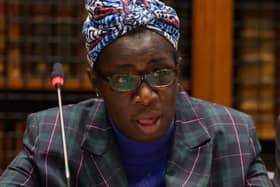 Ella’s mother, Rosamund Adoo-Kissi-Debrah, addresses the London Clean Air and Health Summit in London in February 2022. Photo: Leon Neal/Getty Images.