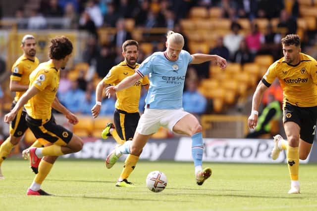 Erling Haaland of Manchester in action during the Premier League match between Wolverhampton Wanderers and Manchester City