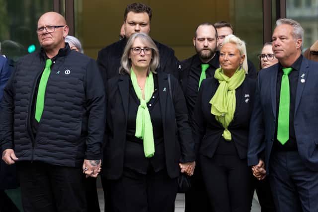 Harry Dunn’s family, including his father Tim Dunn (L) and mother Charlotte Charles (second from right) leave the City of Westminster Magistrates Court. Photo: Getty