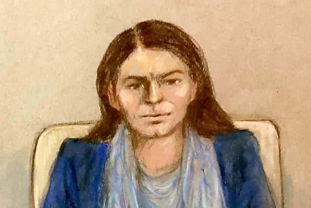 Artists impression of Anne Sacoolas, 45, appearing at Westminster Magistrates’ Court, London, via videolink. Image: Julia Quenzler / SWNS