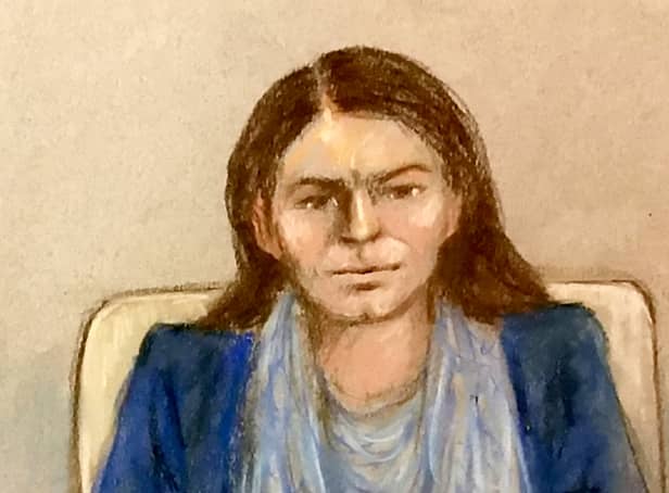 <p>Artists impression of Anne Sacoolas, 45, appearing at Westminster Magistrates’ Court, London, via videolink. Image: Julia Quenzler / SWNS</p>