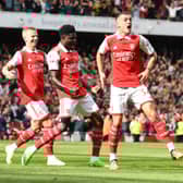Thomas Partey celebrates scoring a goal for Arsenal with Granit Xhaka and Oleksandr Zinchenko (Photo by David Price/Arsenal FC via Getty Images)