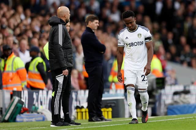Luis Sinisterra of Leeds United makes their way off after being shown a red card during the Premier League match (Photo by Clive Brunskill/Getty Images)