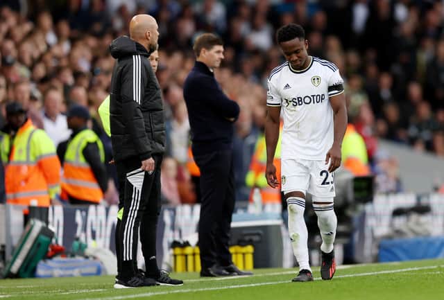  Luis Sinisterra of Leeds United makes their way off after being shown a red card during the Premier League match (Photo by Clive Brunskill/Getty Images)