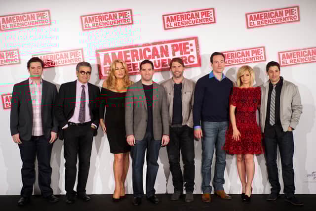 Director Jon Hurwitz, Eugene Levy, Jennifer Coolidge, director Hayden Schlossberg, Seann William Scott, Chris Klein, Mena Suvari and Jason Biggs attend “American Pie: Reunion”.
