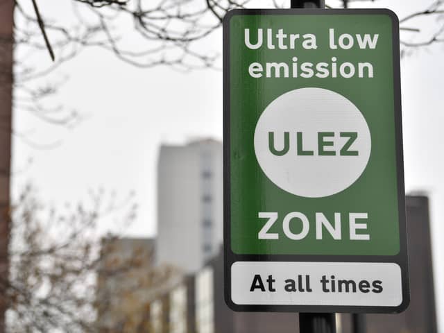 New signs for the ultra-low emission zone (ULEZ) are pictured in central London. Photo: Getty