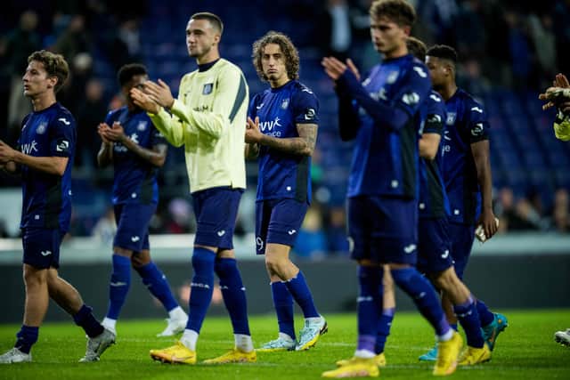 Anderlecht players celebrate after winning beating KV Kortrijk in Belgium’s Juliper Pro League