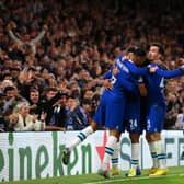  Pierre-Emerick Aubameyang of Chelsea celebrates with team mates after scoring their sides second (Photo by Mike Hewitt/Getty Images)