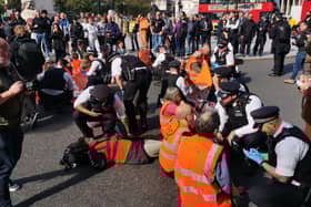 Just Stop Oil protestors have blocked roads around Trafalgar Square. Credit: Just Stop Oil 