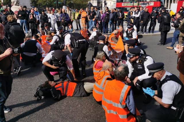 Just Stop Oil protestors have blocked roads around Trafalgar Square. Credit: Just Stop Oil 
