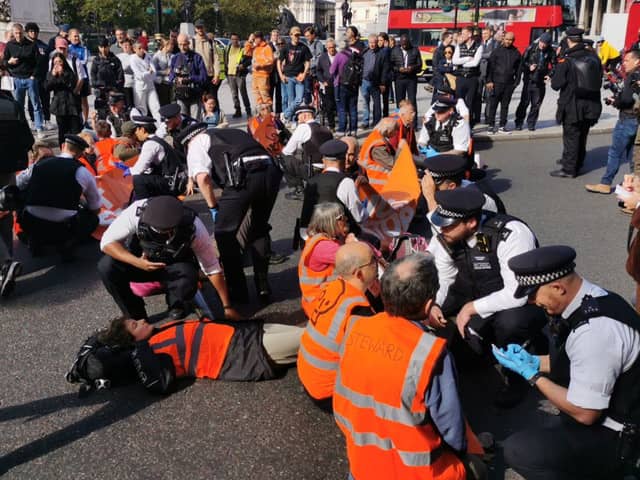 Just Stop Oil protestors have blocked roads around Trafalgar Square. Credit: Just Stop Oil 