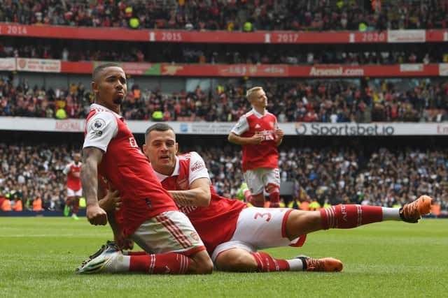 Gabriel Jesus celebrates scoring the 2nd Arsenal goal with (R) Granit Xhaka during the Premier League match  (Photo by Stuart MacFarlane/Arsenal FC via Getty Images)