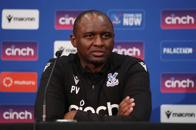 Patrick Vieira, coach of Crystal Palace speaks at a press conference after the Pre-Season friendly match . (Photo by Will Russell/Getty Images)