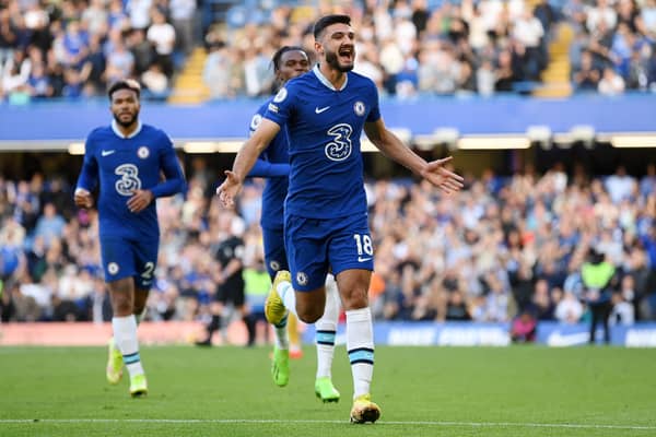 Armando Broja of Chelsea celebrates after scoring their team's third goal during the Premier League (Photo by Justin Setterfield/Getty Images)