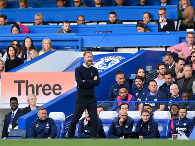 Graham Potter, Manager of Chelsea reacts during the Premier League match between Chelsea FC  (Photo by Justin Setterfield/Getty Images)