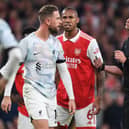 Arsenal's Gabriel clashes with Liverpool's Jordan Henderson during the Premier League match between Arsenal FC and Liverpool FC