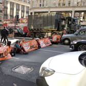 Just Stop oil protestors have blocked roads in Knightsbridge. Credit: Just Stop Oil