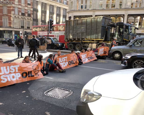 Just Stop oil protestors have blocked roads in Knightsbridge. Credit: Just Stop Oil