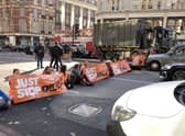 Just Stop oil protestors have blocked roads in Knightsbridge. Credit: Just Stop Oil