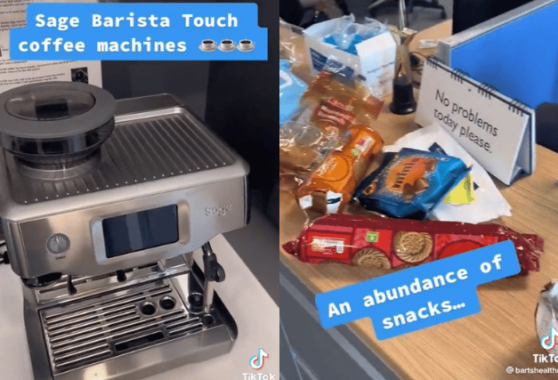 The TikTok showed a Sage Barista Touch coffee machine and piles of biscuits and chocolate. Photo: TikTok/Barts Health