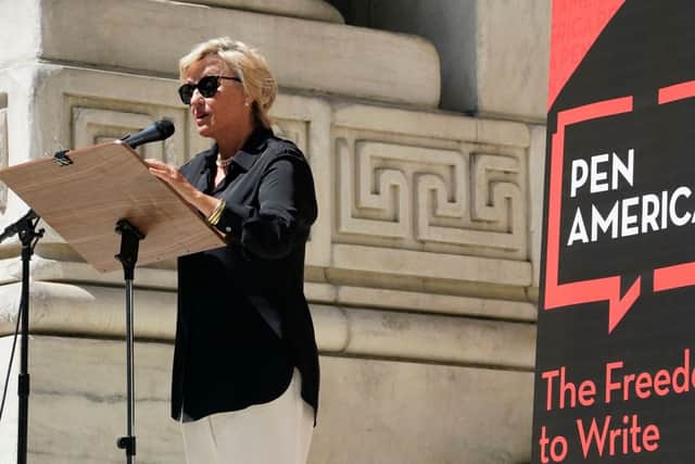 Tina Brown reads a piece from Salman Rushdie’s works on the steps of the New York Public Library