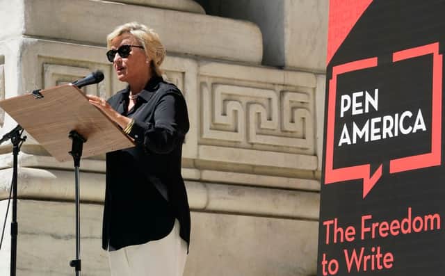 Tina Brown reads a piece from Salman Rushdie’s works on the steps of the New York Public Library