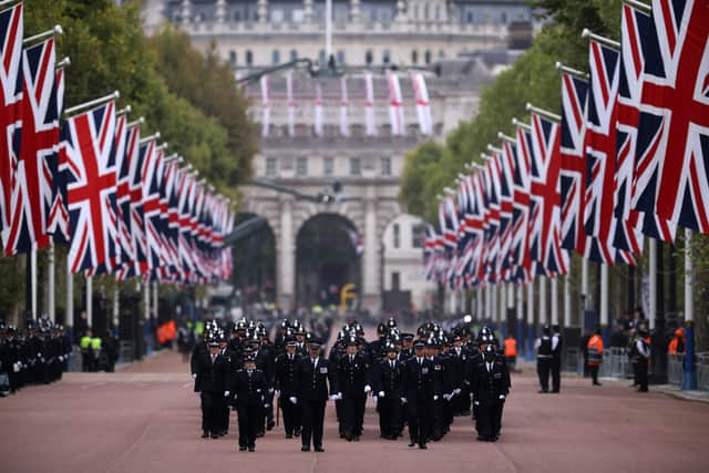 Met police officers on the Mall ahead of the Queen’s state funeral. Photo: Getty