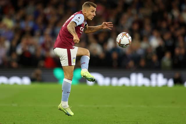 Lucas Digne of Aston Villa during the Premier League match  (Photo by Catherine Ivill/Getty Images)