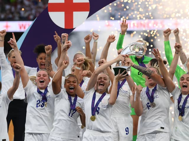 England Women celebrate winning the Euros in July 2022