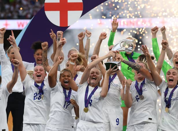 <p>England Women celebrate winning the Euros in July 2022</p>