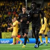 Bukayo Saka of Arsenal celebrates scoring their side's first goal during the UEFA Europa League (Photo by David Lidstrom/Getty Images)