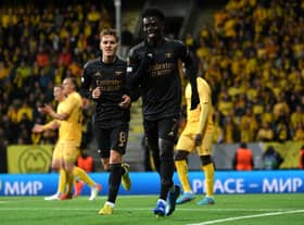 Bukayo Saka of Arsenal celebrates scoring their side's first goal during the UEFA Europa League (Photo by David Lidstrom/Getty Images)