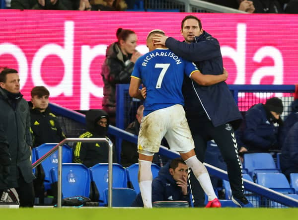  Frank Lampard, Manager of Everton embraces Richarlison of Everton as he is substituted off (Photo by Marc Atkins/Getty Images)