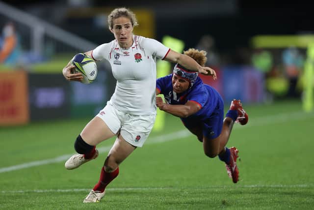 Abby Dow of England is tackled during the Pool C Rugby World Cup 2021 match between France and England