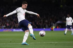 Matt Doherty of Spurs shoots at goal during the Premier League match between Tottenham Hotspur and Everton FC (Photo by Julian Finney/Getty Images)