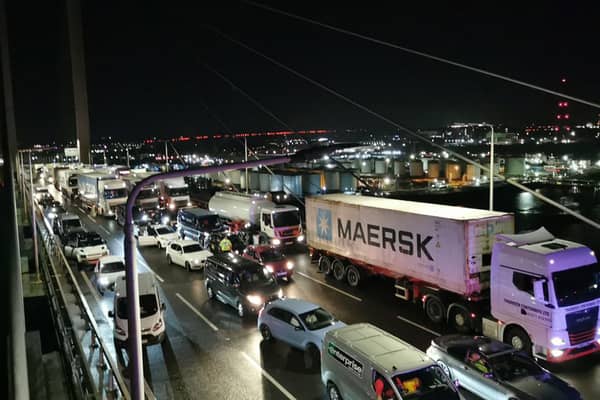 Traffic stopped after two of Just Stop Oil activists scaled the QE2 Bridge (Photo: PA)