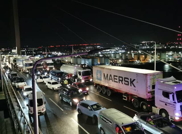 Traffic stopped after two of Just Stop Oil activists scaled the QE2 Bridge (Photo: PA)