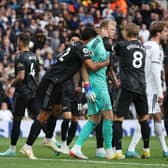  Aaron Ramsdale of Arsenal reacts after Patrick Bamford of Leeds United (not pictured) missed their penalty (Photo by Eddie Keogh/Getty Images)