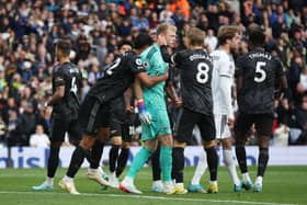  Aaron Ramsdale of Arsenal reacts after Patrick Bamford of Leeds United (not pictured) missed their penalty (Photo by Eddie Keogh/Getty Images)