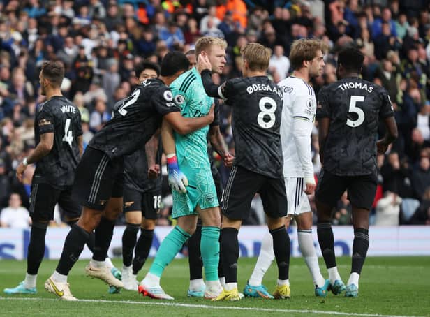  Aaron Ramsdale of Arsenal reacts after Patrick Bamford of Leeds United (not pictured) missed their penalty (Photo by Eddie Keogh/Getty Images)
