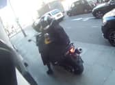 Motorcyclist confronts angle grinder-wielding thugs