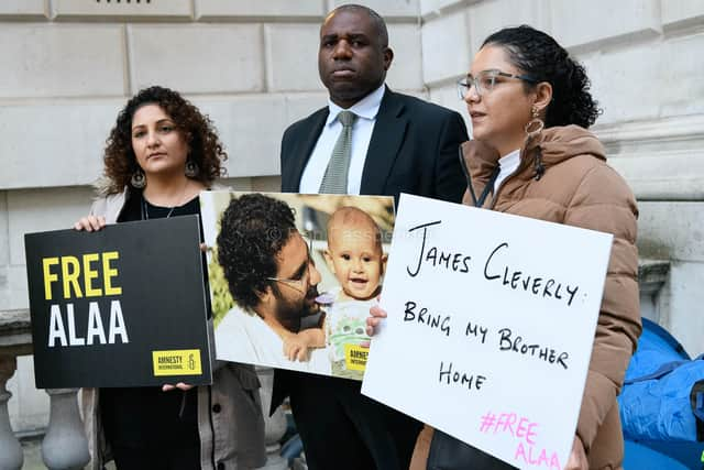 Mona Seif (left), Shadow Foreign Secretary David Lammy (middle), Sanaa Seif (right). Credit: Free Alaa