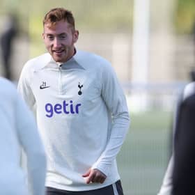 Tottenham Hotspur's Swedish midfielder Dejan Kulusevski (C) takes part in a team training session at Tottenham Hotspur Football Club  (Photo by ADRIAN DENNIS/AFP via Getty Images)