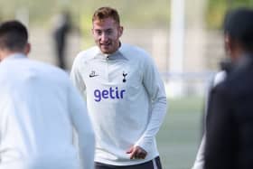 Tottenham Hotspur's Swedish midfielder Dejan Kulusevski (C) takes part in a team training session at Tottenham Hotspur Football Club  (Photo by ADRIAN DENNIS/AFP via Getty Images)