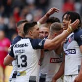 England celebrate Dom Young’s try against Samoa during World Cup opener