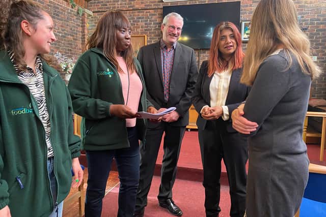 Marina Ahmad, with Southwark foodbank team members, at the report’s launch in Peckham. Photo: London Assembly Labour